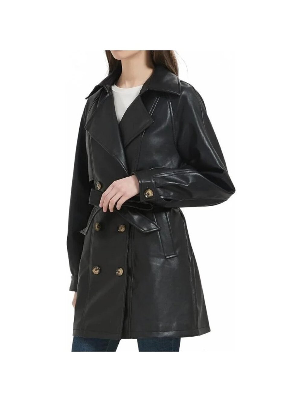 Risissida Women Mid Length Faux  Leather Trench Coat Winter Belted Long Jacket